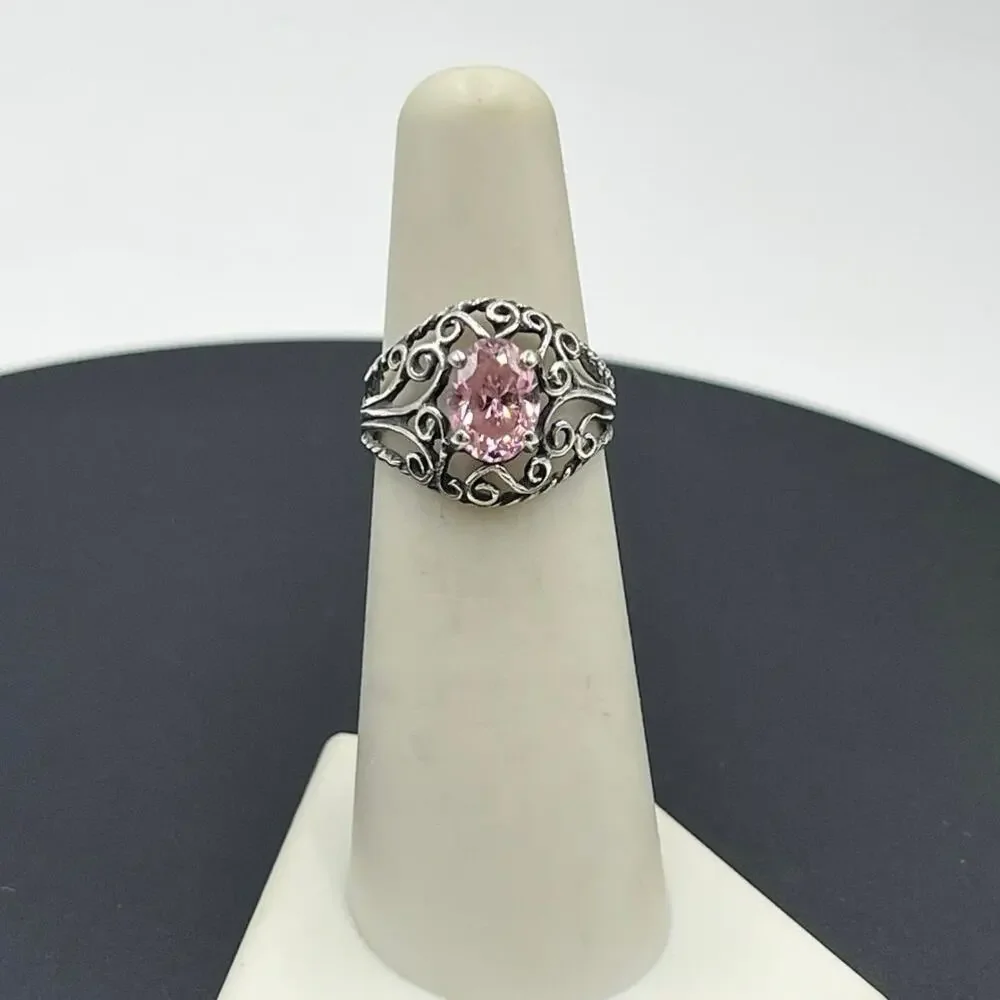 Sterling Silver Vintage Filigree Simulated Pink Sapphire Solitaire Ring 5.25